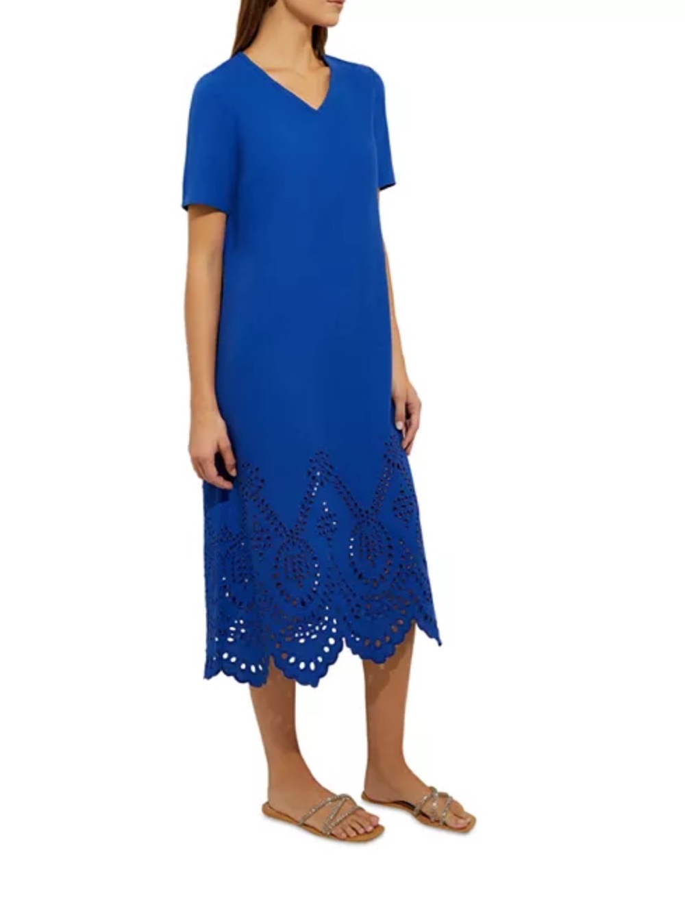 Misook Cobalt Blue Solid V Neck Midi Dress L Eyelet Scalloped Hem Coastal Resort